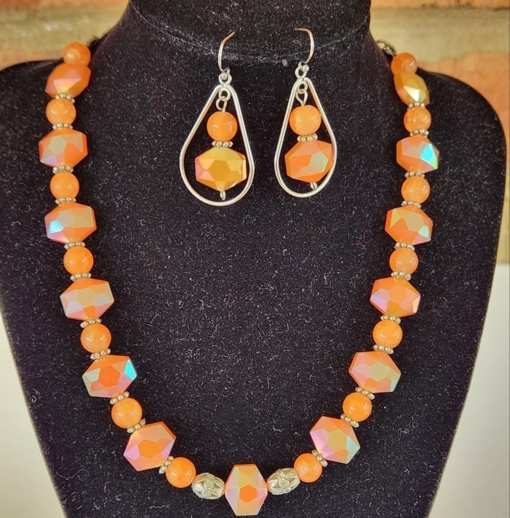 Hand Crafted Necklace and Pierced Orange Beaded Earrings Silver Accents
